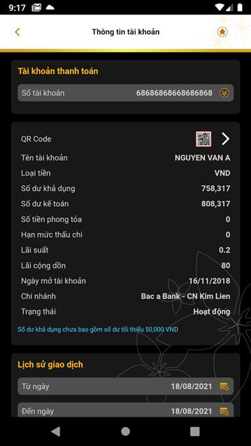 Thông tin tài khoản BAC A BANK Mobile Banking