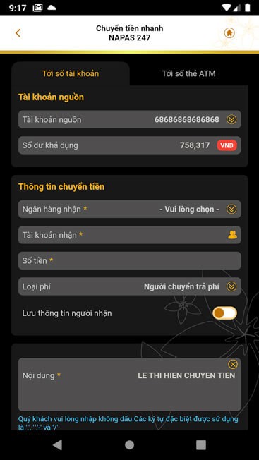 Chuyển khoản trên BAC A BANK Mobile Banking