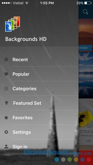 Thực đơn ứng dụng Backgrounds HD
