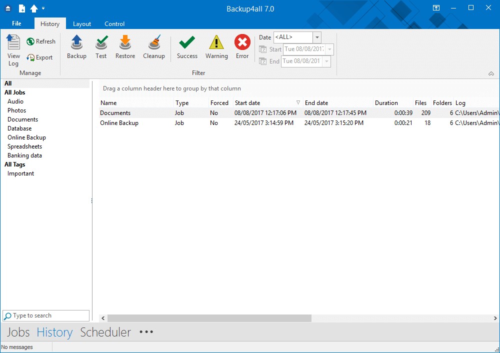 Giao diện quản lý nhật ký của Backup4all Professional