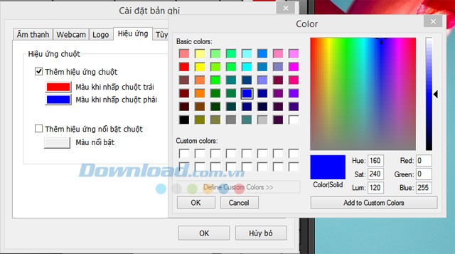 Chọn màu hiệu ứng chuột