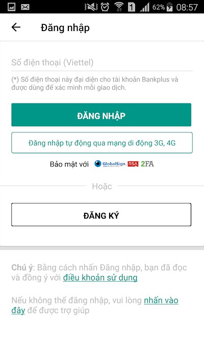 Giao diện đăng nhập trên BankPlus cho Android