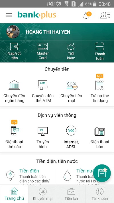 Giao diện chính của ứng dụng BankPlus trên Android