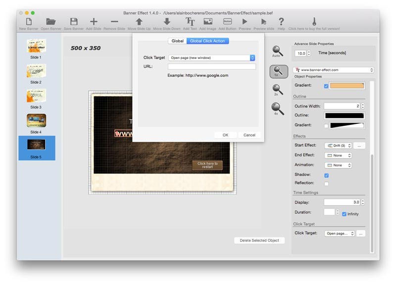 Banner Effect cho phép nhúng link vào banner