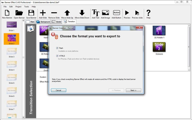 Banner Effect hỗ trợ export ra HTML5 và Flash