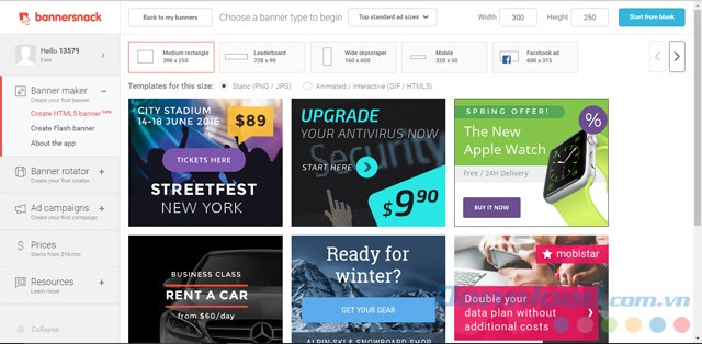 Giao diện chính của ứng dụng web Bannersnack