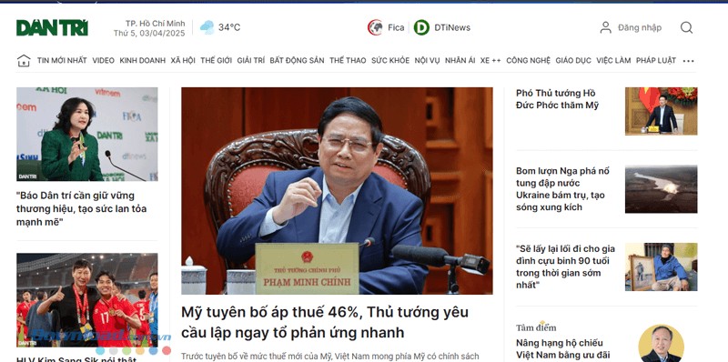 Giao diện chính của trang Báo Dân trí