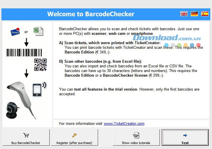 Giao diện của phần mềm quét mã vạch BarcodeChecker