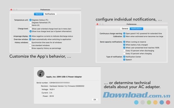 Bảng tùy biến cấu hình hoạt động của Battery Monitor cho Mac