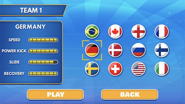 Chọn 1 trong 12 team để bắt đầu hành trình chinh phục vinh quang trong Battle Arena Soccer PC