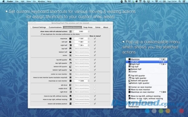 BetterSnapTool cho Mac hỗ trợ thêm phím tắt để thao tác nhanh hơn