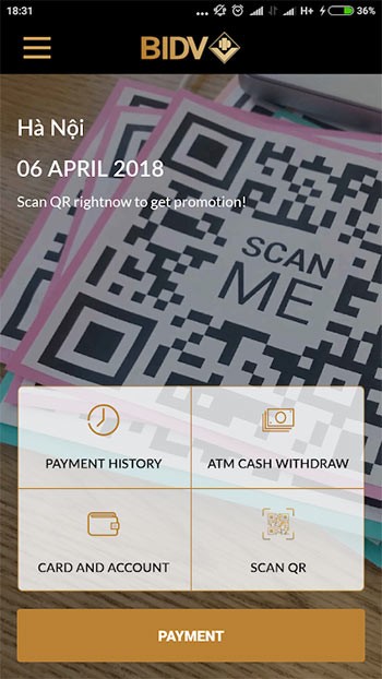 Giao diện chính BIDV Pay+