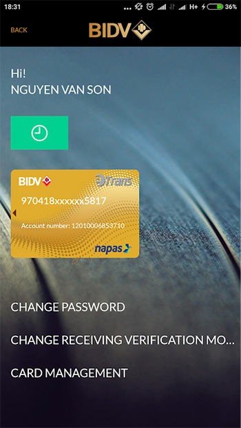 Thông tin thẻ trên BIDV Pay+