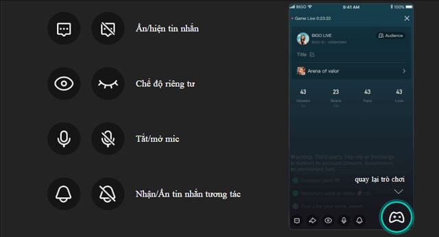Các nút điều chỉnh trong khi livestream trong BIGO Live