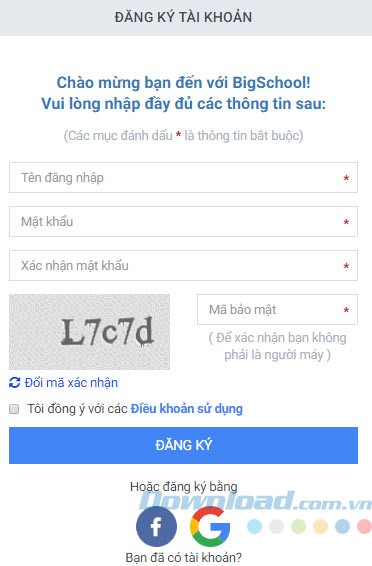 Đăng ký tài khoản BigSchool