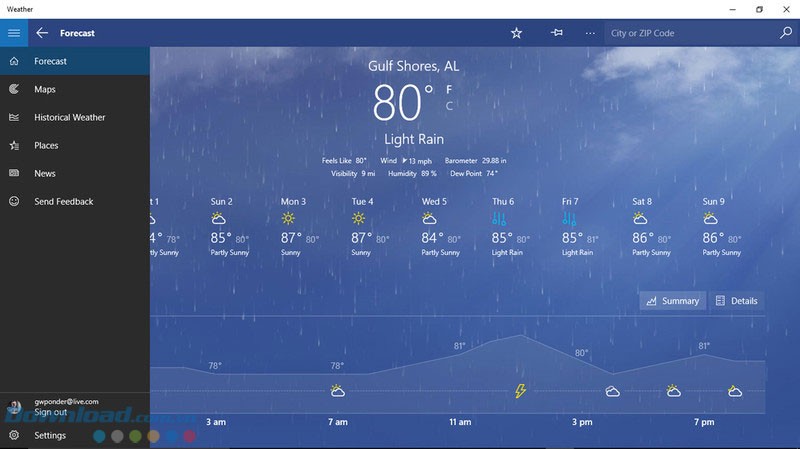 Giao diện ứng dụng MSN Weather