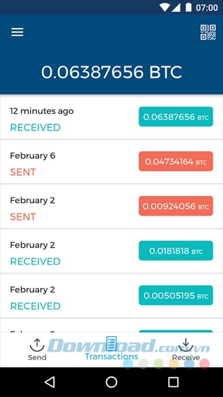 Menu ứng dụng Bitcoin Wallet