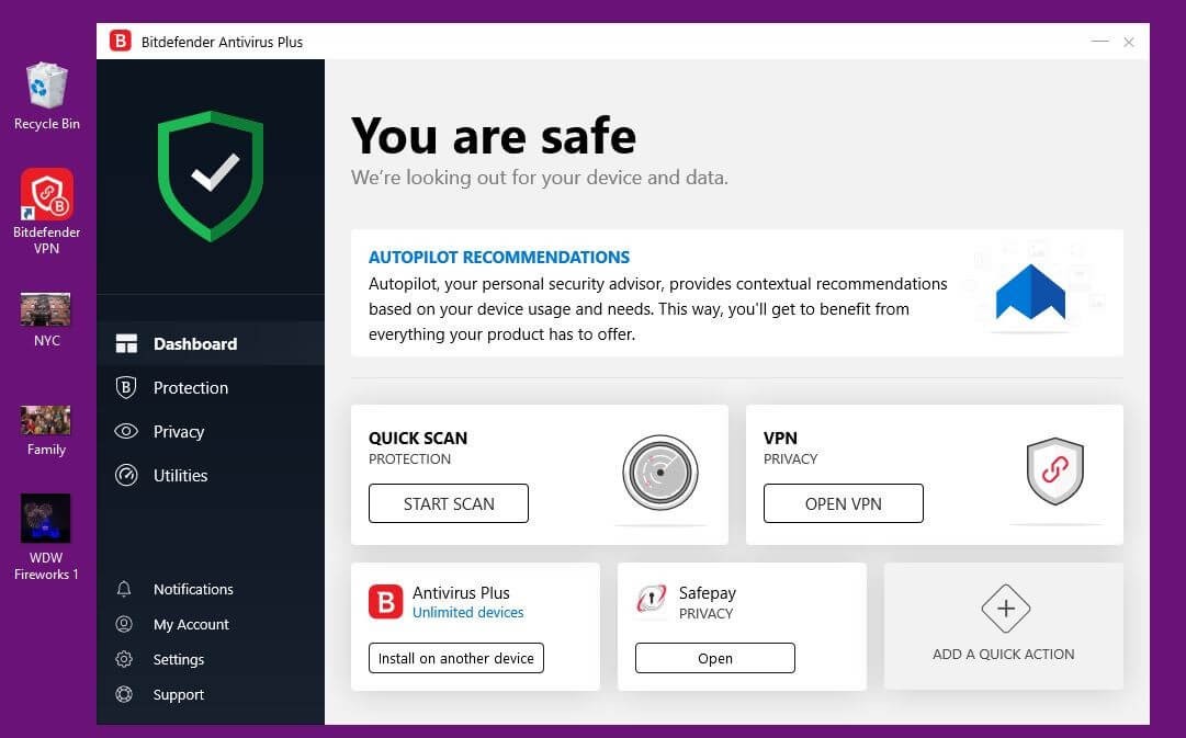 Giao diện phần mềm diệt virus Bitdefender Antivirus Plus 2019