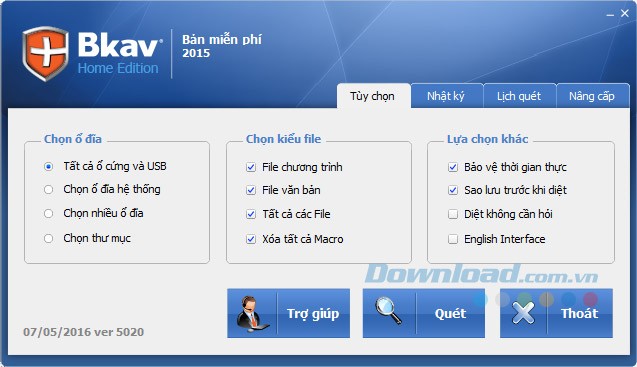 Giao diện chính của phần mềm diệt virus Bkav Home