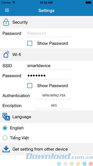 Màn hình cài đặt thiết bị