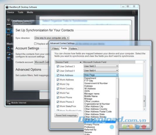 Các lựa chọn chi tiết cho danh bạ