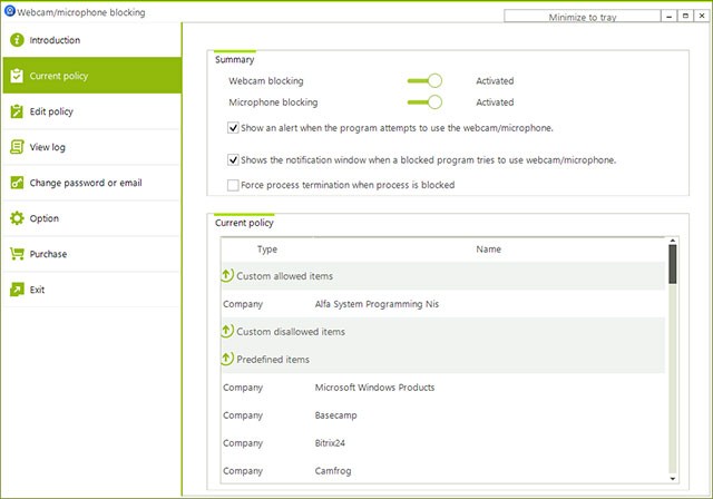 Giao diện chính của phần mềm Block Webcam and Microphone