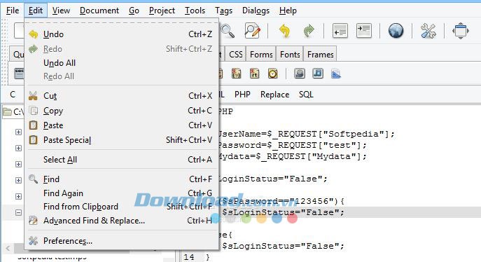 Thao tác trên Bluefish