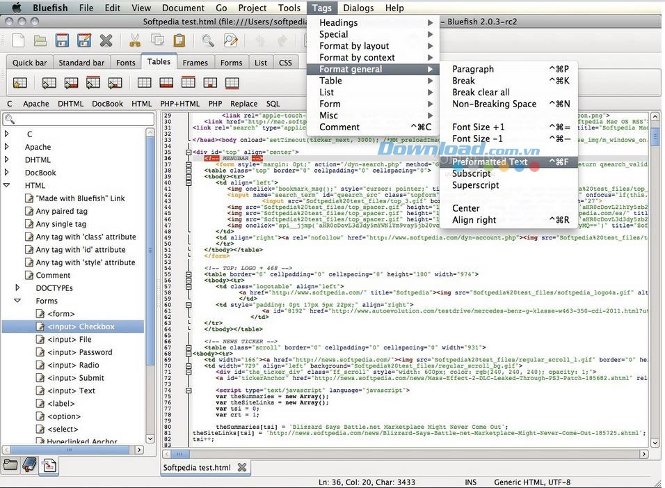 Các thẻ đánh dấu trong Bluefish