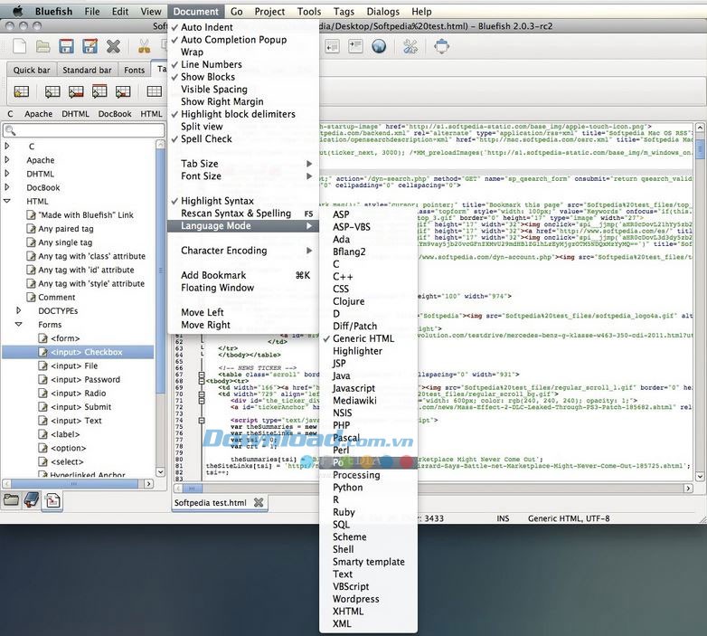 Bluefish hỗ trợ nhiều ngôn ngữ lập trình