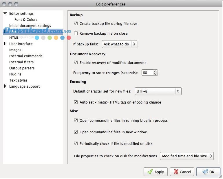 Các lựa chọn cài đặt trong Bluefish