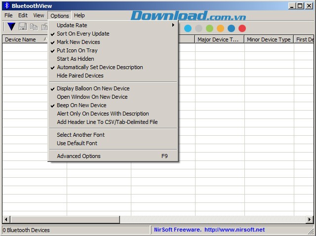 Tùy chọn Options của BluetoothView
