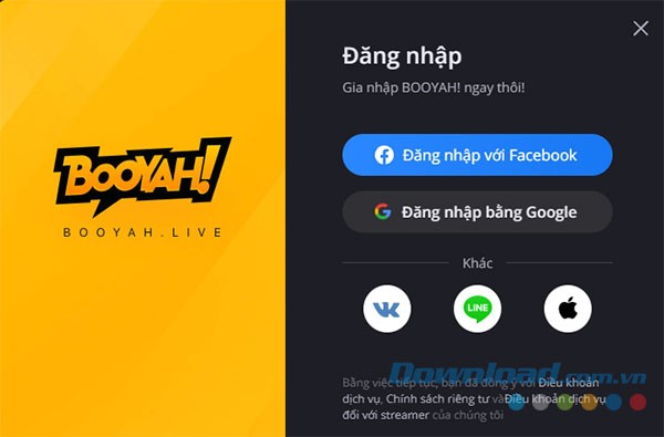 Đăng nhập BooYah thông qua tài khoản Facebook, Google, VK, LINE hoặc Apple ID