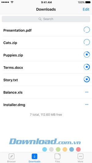 Danh sách file tải về trên Browser and File Manager for Documents cho iOS