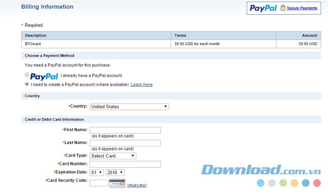 Thanh toán bằng PayPal trước khi sử dụng phần mềm mạng riêng ảo BTGuard cho máy tính
