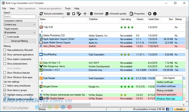 Giao diện của phần mềm gỡ bỏ chương trình Bulk Crap Uninstaller