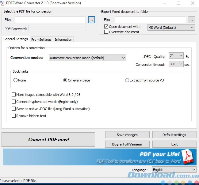 Giao diện phần mềm PDF2Word Converter