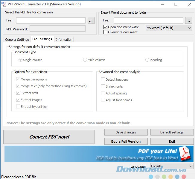 Lựa chọn thiết lập Pro