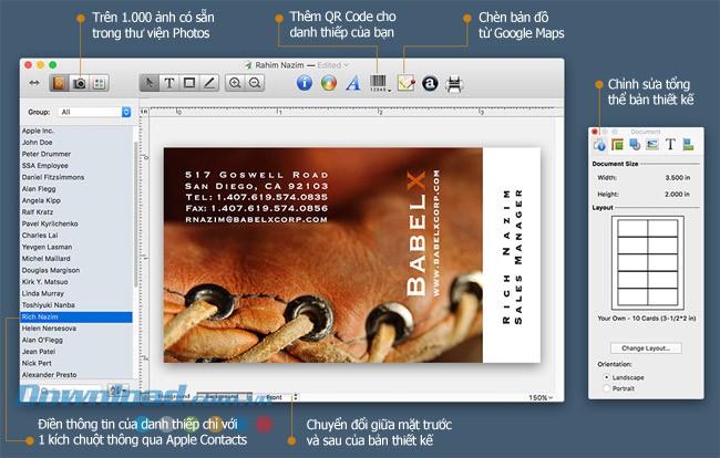 Giao diện làm việc của Business Card Composer for Mac