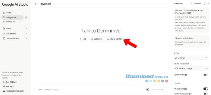 Hướng dẫn chia sẻ màn hình với Screen Share trên Google AI Studio