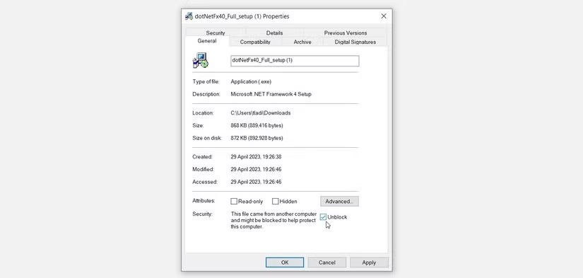 Bỏ chặn Microsoft .NET Framework 4