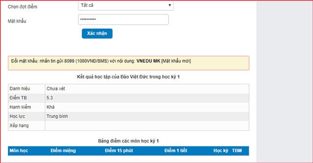 Tra cứu bảng điểm thành công