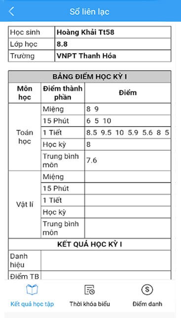 Bảng điểm học sinh