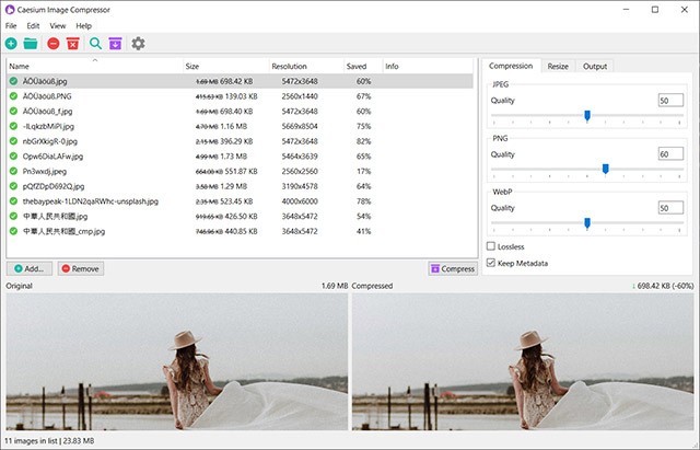 Giao diện phần mềm nén ảnh miễn phí Caesium Image Compressor