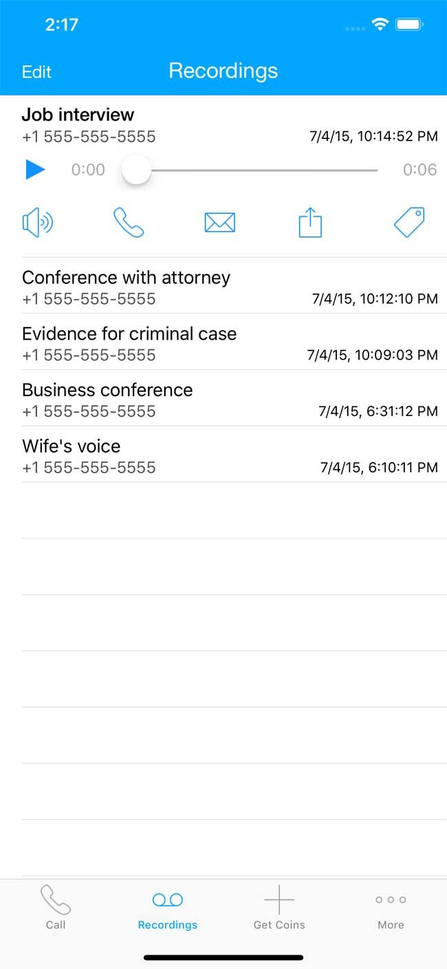 Danh sách cuộc gọi trong Call Recorder cho iOS
