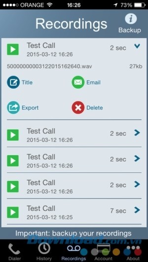 danh sách file ghi âm trên Call Recorder - IntCall cho iOS