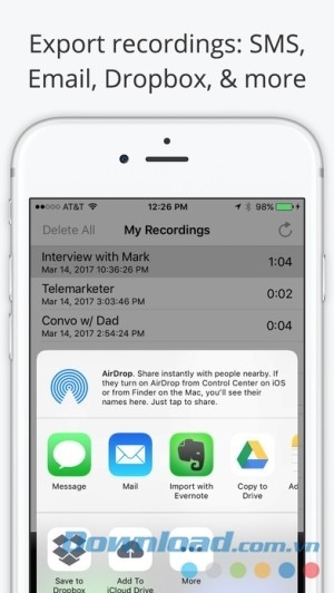 Call Recorder Lite cho iOS xuất file ghi âm qua email