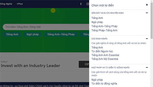 Nhiều loại từ điển khác nhau trong Cambridge Dictionary Online