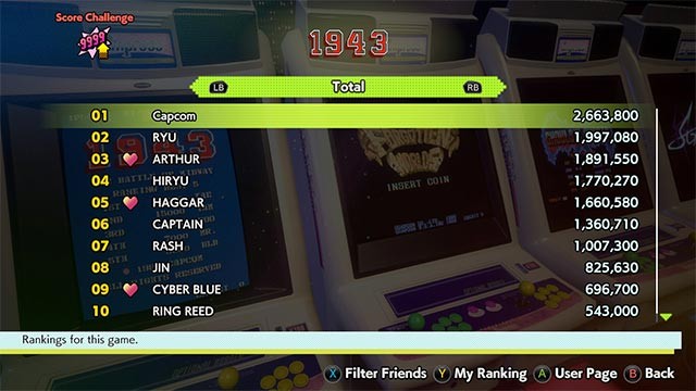 Mỗi trò chơi trong Capcom Arcade Stadium đều được trang bị bảng xếp hạng trực tuyến riêng biệt