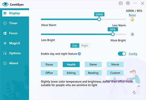 CareUEyes nổi bật với 8 chế độ bộ lọc ánh sáng xanh và điều chỉnh độ sáng màn hình