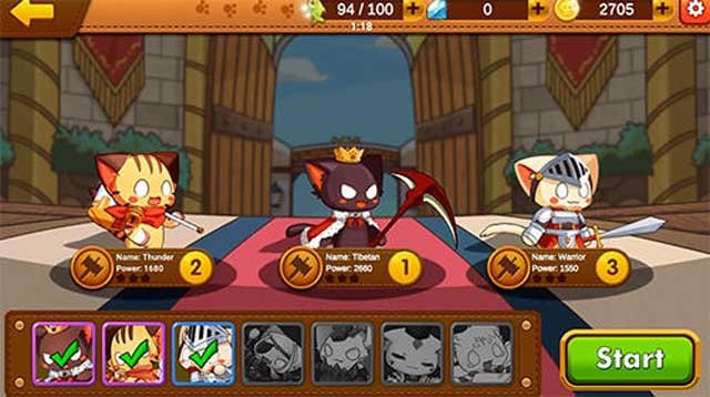 Hãy chọn ra 3 chiến binh cho mỗi trận chiến chống lại kẻ địch trong game Cats King Android